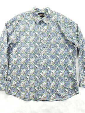 Cremieux Premium Denim Shirt Mens XL Blue Yellow Paisley Stretch Long Sleeve